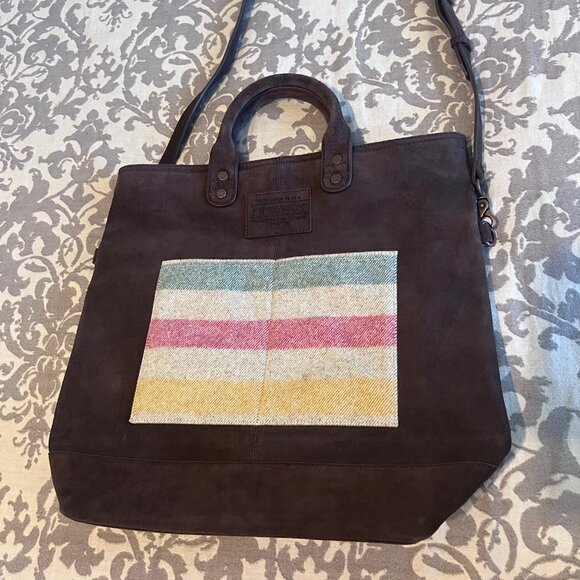 Pendleton Tote Bag * Leather & Wool * Multi-colored Stripes - Picture 2 of 12